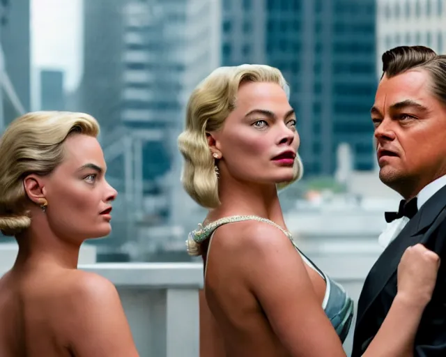 Image similar to leonardo dicaprio as the wolf of wall street next to margot robbie as naomi from the wolf of wall street, hyper realistic faces, cinematic, long shot, hyper detailed, 8 5 mm photograph, 8 k resolution, film still, sharp lens, wide lens