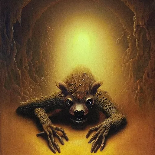 Image similar to horrific grotesque spider and hyena hybrid, beksinski style painting, highly detailed