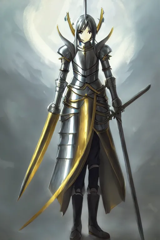 Image similar to anime key visual concept art of anime female knight standing in the doorway of a grand chapel, silver armor with gold trims, warscythe holstered on her back, trending on artstation, brush strokes, oil on canvas, style of kawacy and makoto shinkai and greg rutkowski and studio ghibli