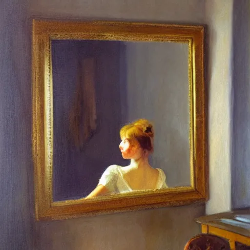 Prompt: painting representing an alone girl in her room looking at herself in the mirror in the style of Anders Zorn