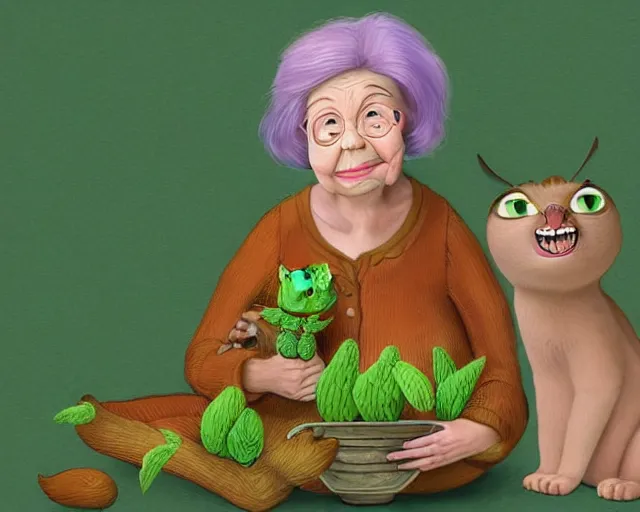 Image similar to detailed cartoon portrait of an old lady and her plant cat, pixar, sharp high quality