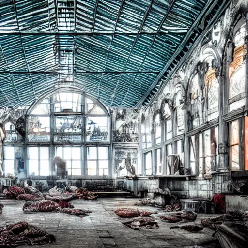 Prompt: ultra - photorealistic, abandoned fish market, urban legend portrait, intricate details, sharp focus, baroque, beautiful, symmetrical, reduce duplicate content, ultra - details perfect object, 4 k, uhd, random content position