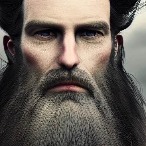 Image similar to a highly detailed portrait of a man without a beard, purple eyes, light gray long hair, wearing a black cloak, artstation, DeviantArt, professional, octane render