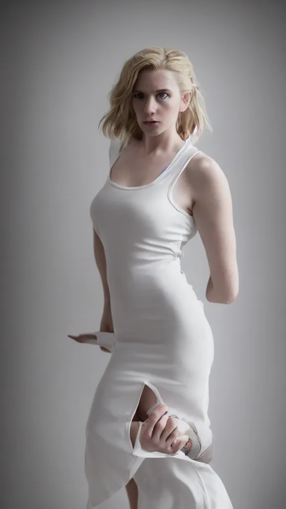 Prompt: emily skinner cosplaying annie leonhart wearing open toe high heels and wearing a white dress in a white room looking up, beautiful face, pale skin, rule of thirds, cinematic lighting, rainy weather, melancholy atmosphere, sharp focus, backlit, stunning, smooth, hard focus, full body shot, studio photo, shot on sony a 7 iii, hyper realistic, sexy pose