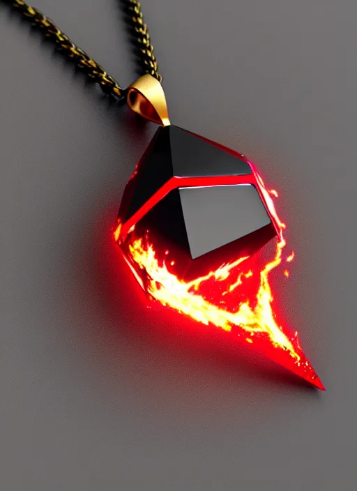 Image similar to rpg item, a black necklace with a fiery red diamond pendant, Unreal 5, DAZ, hyperrealistic, rpg style, octane render, dynamic lighting