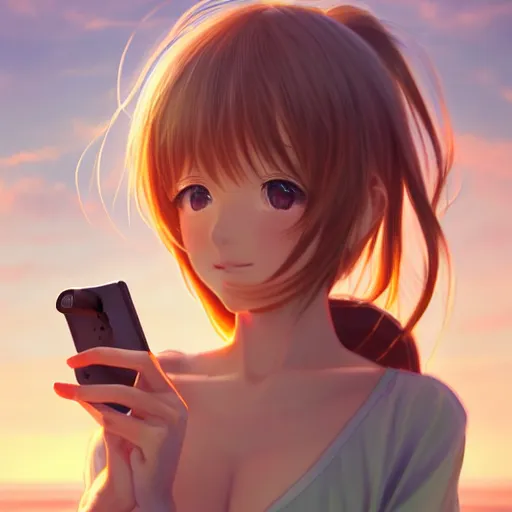 Prompt: beautiful serene intricate very detailed portrait of a realistic anime girl taking a selfie, smiling softly, wearing casual clothes, relaxing on the beach, golden hour, soft focus, 8 k, art by irakli nadar, hyperrealism, hyperdetailed, ultra realistic