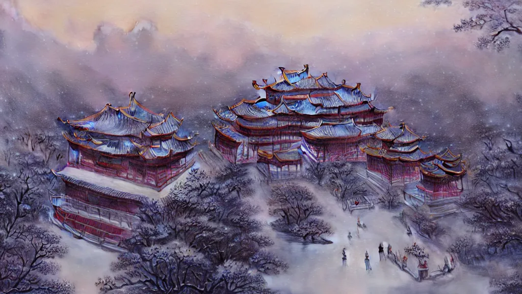 Prompt: seen from above is the magnificent chinese palace with minor snow ， greg rutkowski and thomas kinkade, trending on artstation