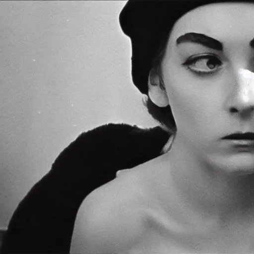 Image similar to still from a masterpiece 1 9 6 0 s french art film, beautiful girl in beret with large eyebrows in the background sits with an angry expression, moody lighting, viewed from afar, cinematic shot