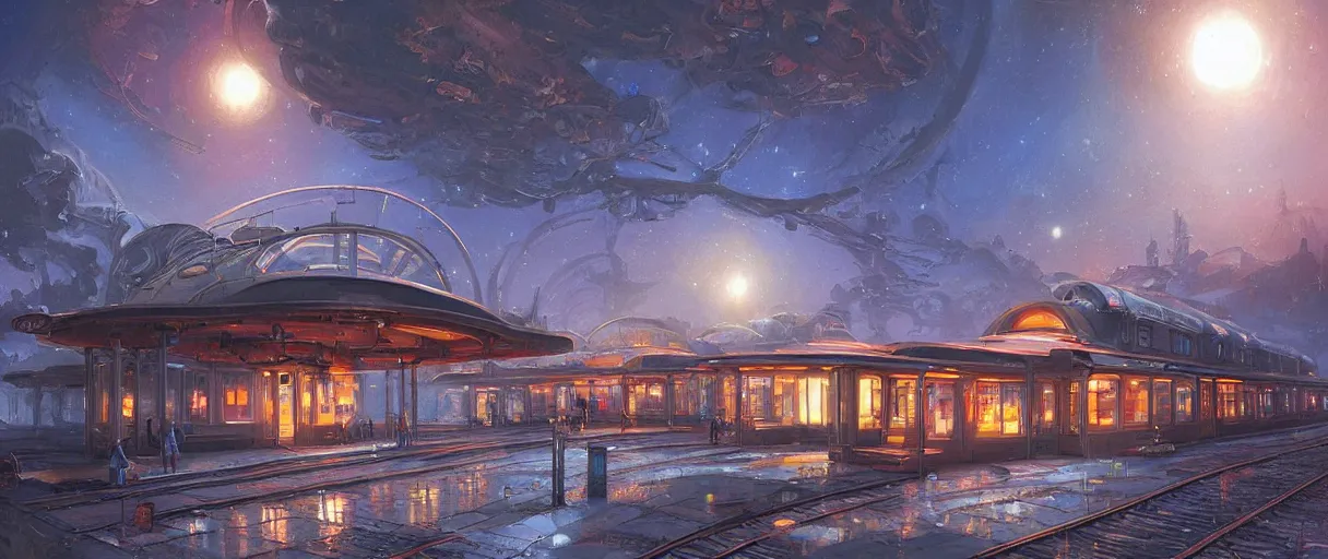 Image similar to A beautiful illustration of a retro futurism train station on another world by greg rutkowski| thomas kincade:.2 | Tim white:.3 | Rodney Mathews:.5 | Graphic Novel, Visual Novel, Colored Pencil, Comic Book:.2