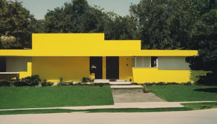 Prompt: architecture ad for a mid-century modern house designed by John Baldessari. Film grain, cinematic, colorized, yellow hue.