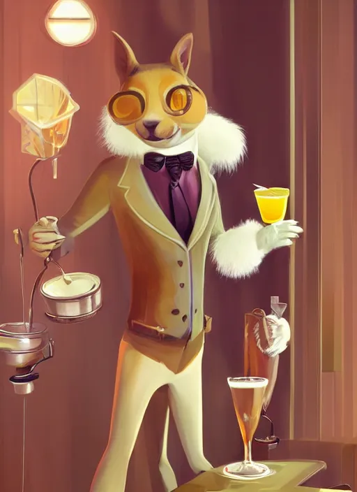 Prompt: squirrel anthro as a dapper bartender with a big, fluffy tail, retro futurism, art deco, detailed, painterly digital art by WLOP and Cory Loftis, 🍸🍋, furaffinity, trending on artstation