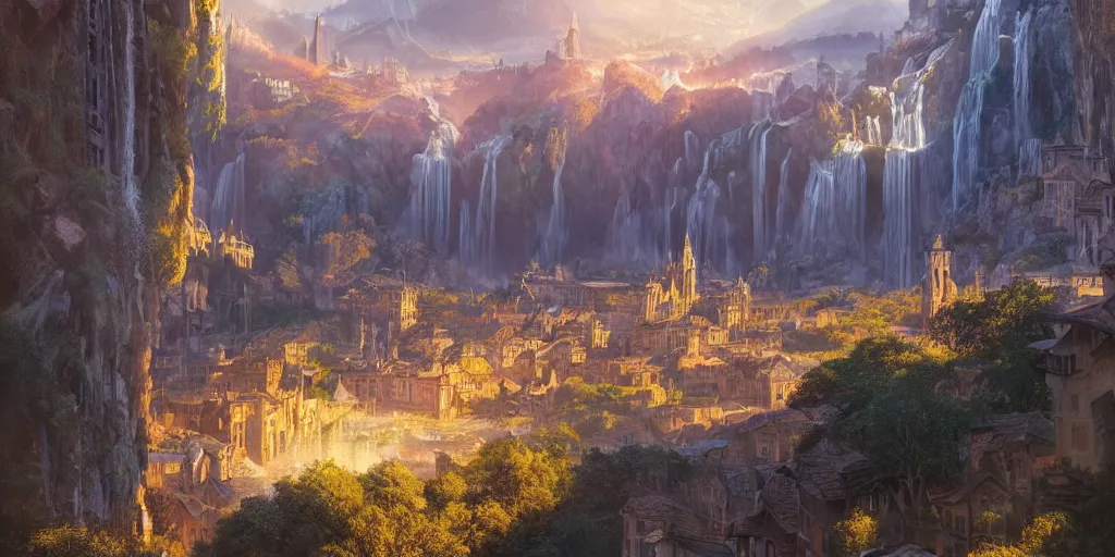 Image similar to beautiful waterfall between lush mountains in the sunset casting rays of light into medieval city below, highly detailed, baroque, brutalist architecture, sharp focus, artgerm, cgsociety, desaturated by syd mead