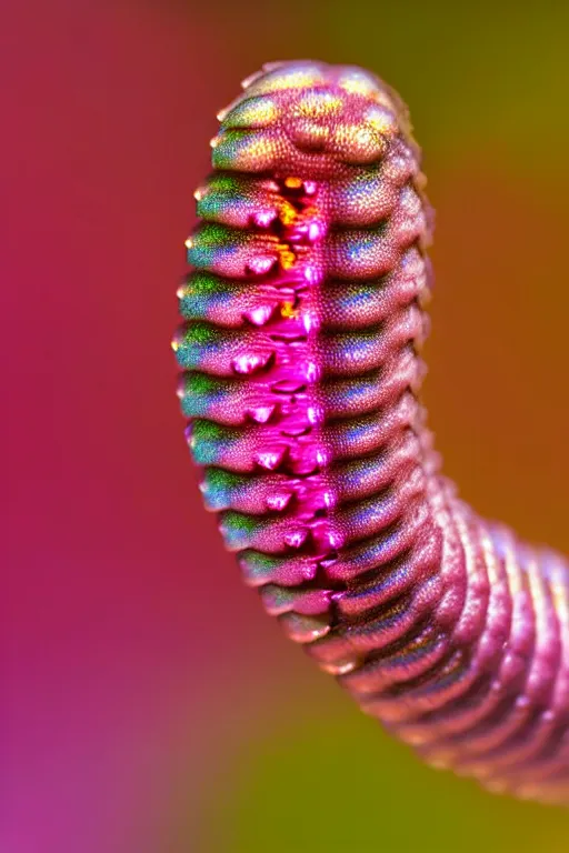 Image similar to high quality macro photo iridescent cyborg caterpillar! cute highly detailed david ligare elson peter cinematic pink lighting high quality low angle hd 8k sharp shallow depth of field