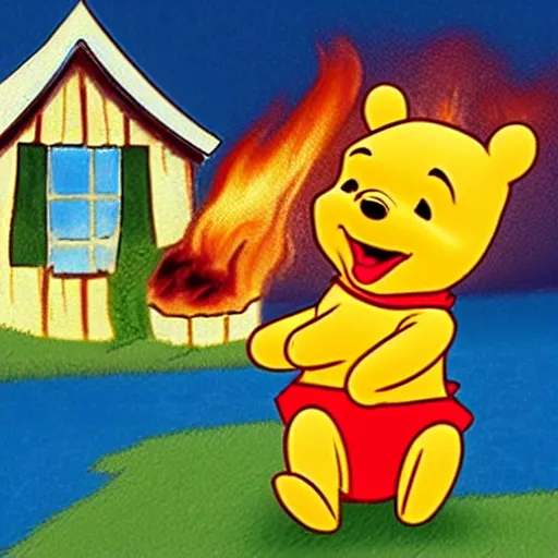 Image similar to winnie the pooh lighting a house on fire, in the style of winnie the pooh