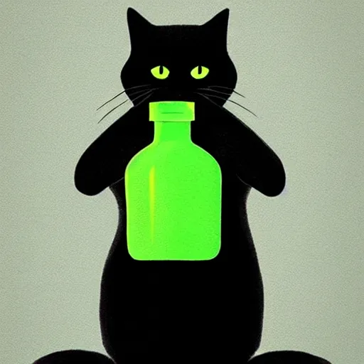 Prompt: black cat holding bottle of green liquid