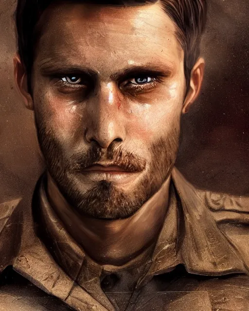 Image similar to portrait of muscular, tired and alcoholic 3 0 - year - old handsome man with short darkblonde hair, serious sad look in his eyes, dirty beard, blue eyes, crying tears, wearing dirty soldier uniform, on the desert, hyper realistic face, beautiful eyes, character art, art by mark brooks, hyperdetailed, cryengine, trending on artstation, digital art