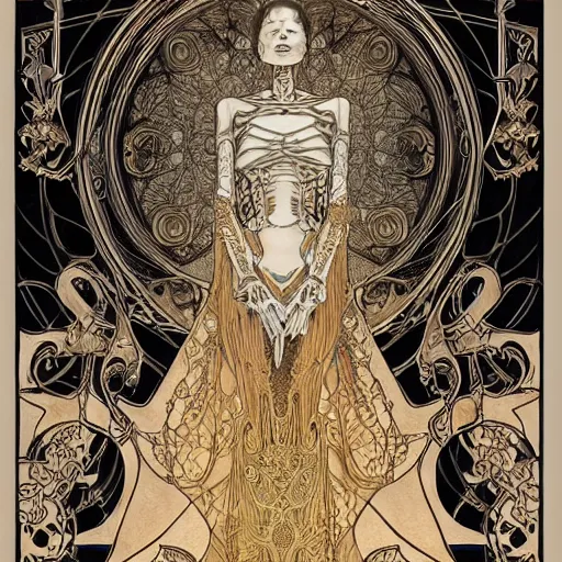 Prompt: a skeleton in a black cloak, highly detailed, very intricate, art nouveau, gold filigree, left right symmetry, tarot concept art watercolor illustration by mandy jurgens and alphonse mucha and alena aenami, featured on artstation