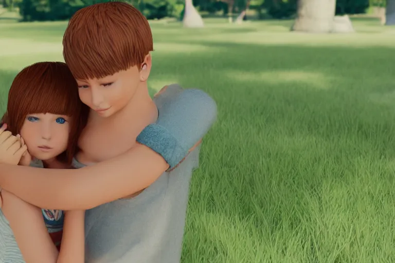 Image similar to blond boy hugging a brunette girl with straight hair, in a park, Polaroid, Closeup, Closeup-View, Octane render, Unreal Engine