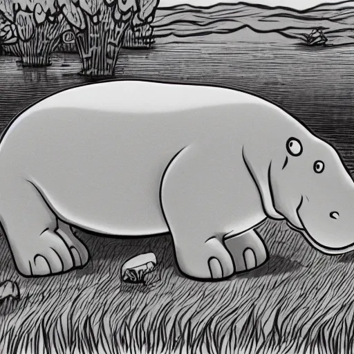 Image similar to sad hippo waking up in a beautiful river landscape, drawing by matt groening, trending on artstation