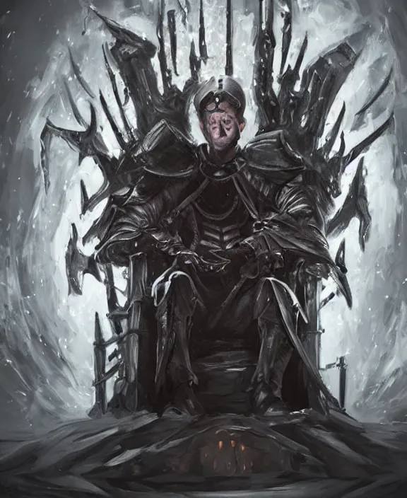 Image similar to a grimdark fantasy concept art portrait of jeff bezos sitting on a dark and evil throne