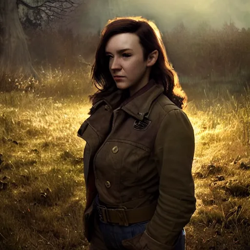 Image similar to fallout 5, charismatic brunette female protagonist, portrait, outdoors scene, somewhere in a low density rural town, atmospheric lighting, painted, intricate, volumetric lighting, beautiful, daytime, sunny weather, slight overcast, sharp focus, deep colours, ultra detailed, by leesha hannigan, ross tran, thierry doizon, kai carpenter, ignacio fernandez rios