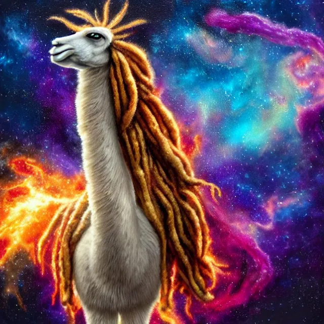 Prompt: llama with dreadlocks, depicted as an explosion of a nebula, 4 k, hyperrealistic painting