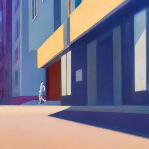 Prompt: o portrait of an astronaut walking down a lonely street, in the style of Edward Hopper, 4k,