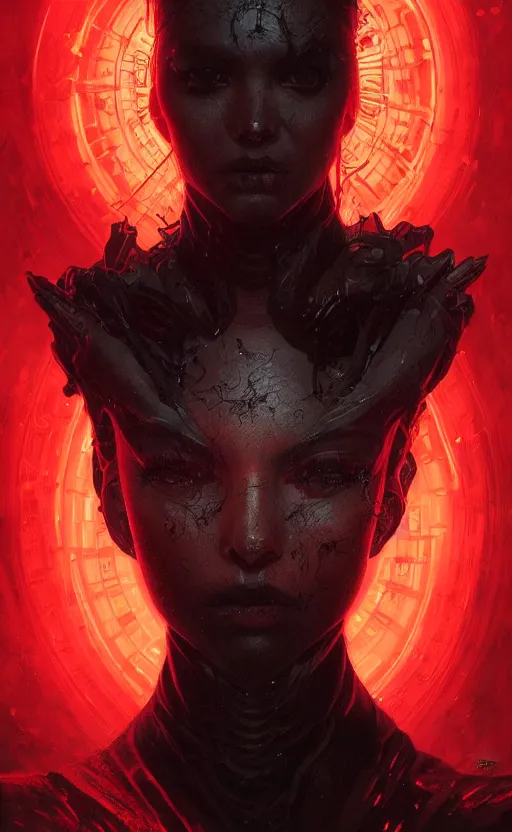 Image similar to Portrait of a dystopian dark witch, technology, dark filaments, red glowing eyes, menacing, intimidating, frightening, intricate, headshot, highly detailed, digital painting, artstation, concept art, sharp focus, cinematic lighting, illustration, art by artgerm and greg rutkowski, alphonse mucha, cgsociety