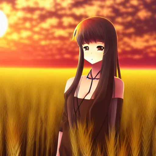 Image similar to anime illustration of Holo from Spice and Wolf standing in a wheat field at sunset, Holo is a wolf girl, high detail, trending on pixiv