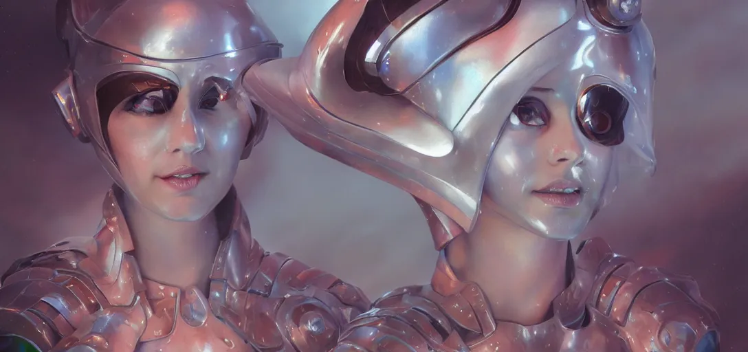 Image similar to face of a cute alien girl wearing shiny plastic armor in the style of roger dean and alberto vargas and stefan kostic, realistic, sharp focus, 8 k high definition, insanely detailed, intricate, elegant, art by greg rutkowski and artgerm, extreme blur coral reef background