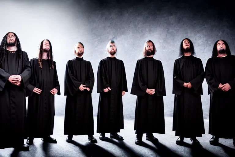 Image similar to a christian religious black that studies theology and arr becoming priests, band photo of a metal band playing christian black metal, stage outfits, cinematic, elegant, professional studio light, real dlsr photography, sharp focus, 4 k, ultra hd, sense of awe, high fashion