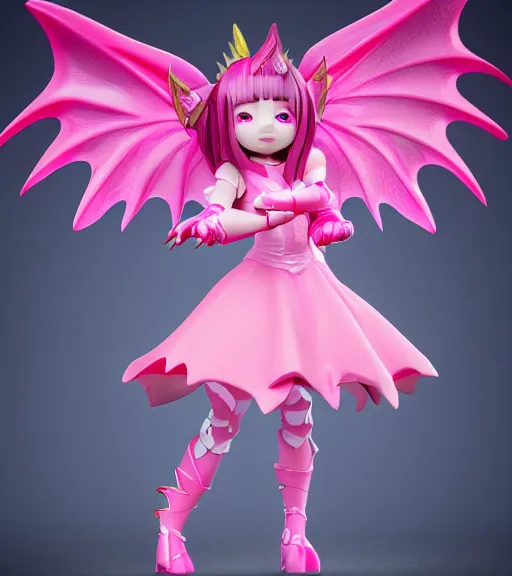 Prompt: accurate detailed pvc cute dragon girl with pink scales, wearing a pink dress, giant wings, figurine!!!, studio lighting, grey background, no shadow, trending on artstation, 4 k, sharp!!!