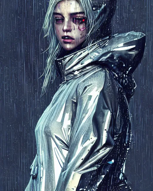 Image similar to detailed portrait European Pretty Modern Girl Dithering ditherpunk dither-punk Rain, Reflective jacket coat, Futuristic sci-fi fashion, royal attire by ismail inceoglu dragan bibin hans thoma greg rutkowski Alexandros Pyromallis Nekro Rene Margitte illustrated Perfect face, fine details, realistic shaded, fine-face, pretty face