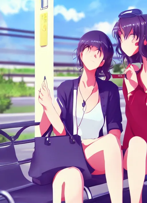 Prompt: two beautiful mothers waiting at a bus stop, summer clothes, gorgeous faces, smooth, thick lines, cinematic lighting, detailed anime art