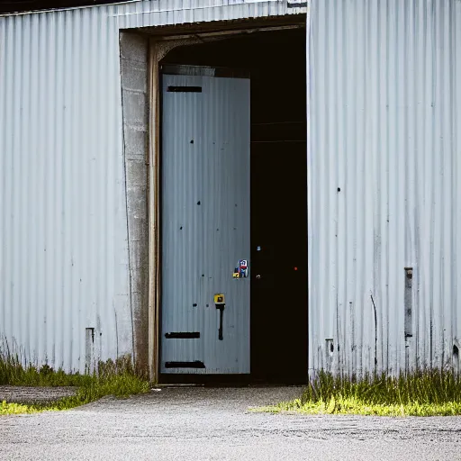 Prompt: type : the band exit north coming out of and industrial door in a rough neighbourhood h 7 6 4