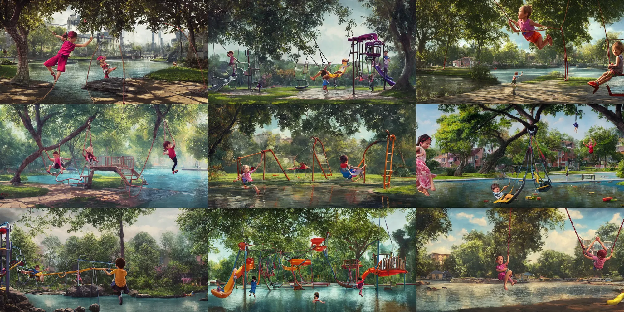 Prompt: a child swinging on a usssr playground with double swing, next to a river, with a three storey house, colorful, contrast, 3 d scene, greg rutkowski, zabrocki, karlkka, jayison devadas, trending on artstation, 8 k, ultra wide angle, zenith view, pincushion lens effect