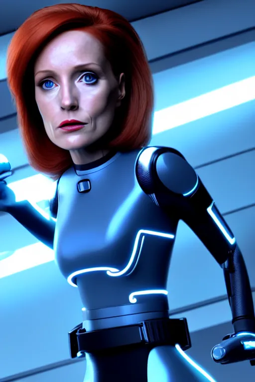 Image similar to dana scully in tron : legacy ( 2 0 1 0 ), cyberpunk aesthetic, glowing panel lines, octane render, nvidia, artstation trending, ultrasharp detail