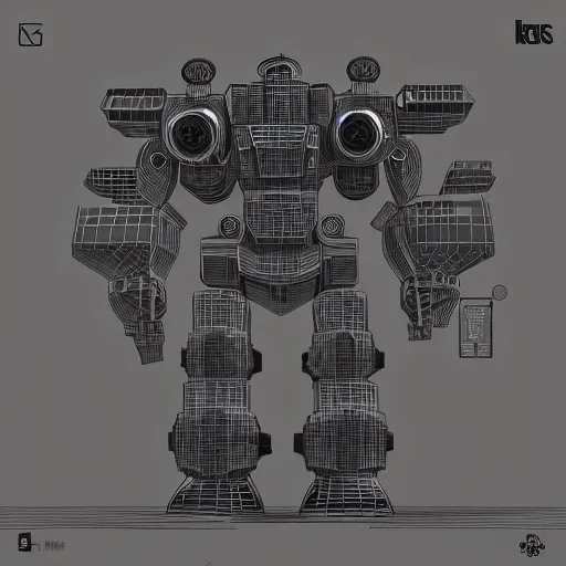 Image similar to Mcbess designed cyberpunk aesthetic TOOL album cover art of a giant mech warrior. 3D octane.