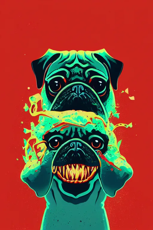 Prompt: demon pug eating flesh. art by mike winkelmann, sticker, colorful, illustration, highly detailed, simple, smooth and clean vector curves, no jagged lines, vector art, smooth, artstation