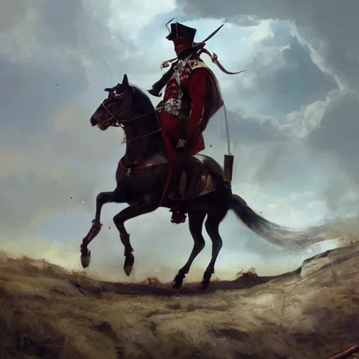 Prompt: napoleon on his horse while holding his gun and shooting by greg rutkowski