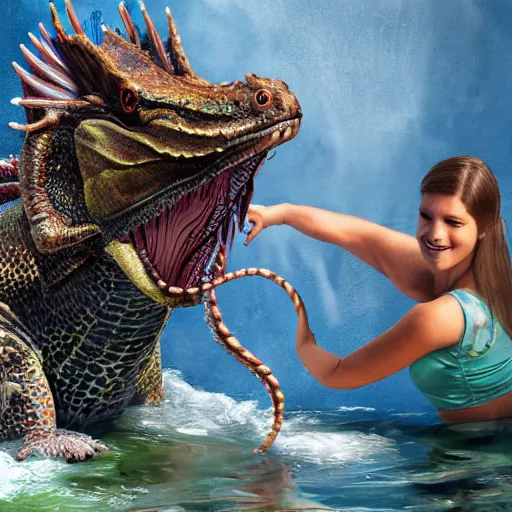 Prompt: people viewing a water dragon getting out of the water, photorealistic, 4k, more than accurate