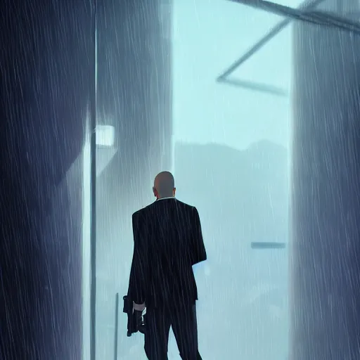 Image similar to a hitman holding a gun crouched behind a corner. Raining, atmospheric lighting, rooftop. Makoto Shinkai, anime, trending on ArtStation, digital art.