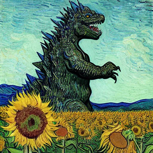 Image similar to godzilla standing in a field with sunflowers by Vincent van Gogh