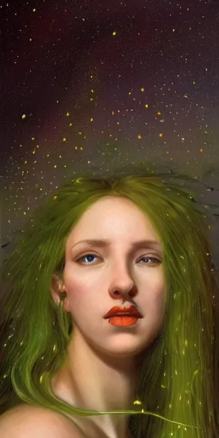 Image similar to infp young woman, smiling amazed, golden fireflies lights, amidst of nature fully covered, long red hair, intricate linework, accurate green eyes, small nose with freckles, oval shape face, realistic, expressive emotions, dramatic lights mystical scene, hyper realistic ultrafine art by artemisia gentileschi, caravaggio, jessica rossier, boris vallejo