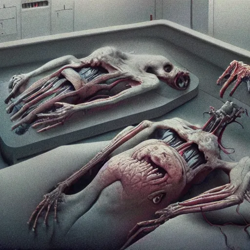 Image similar to government officials oversee an alien autopsy, beksinski, wayne barlowe, very coherent symmetrical artwork, cinematic, hyper realism, high detail, octane render, 8 k