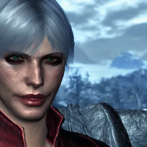 Prompt: Close-up screenshot of Lady from Devil May Cry in Skyrim
