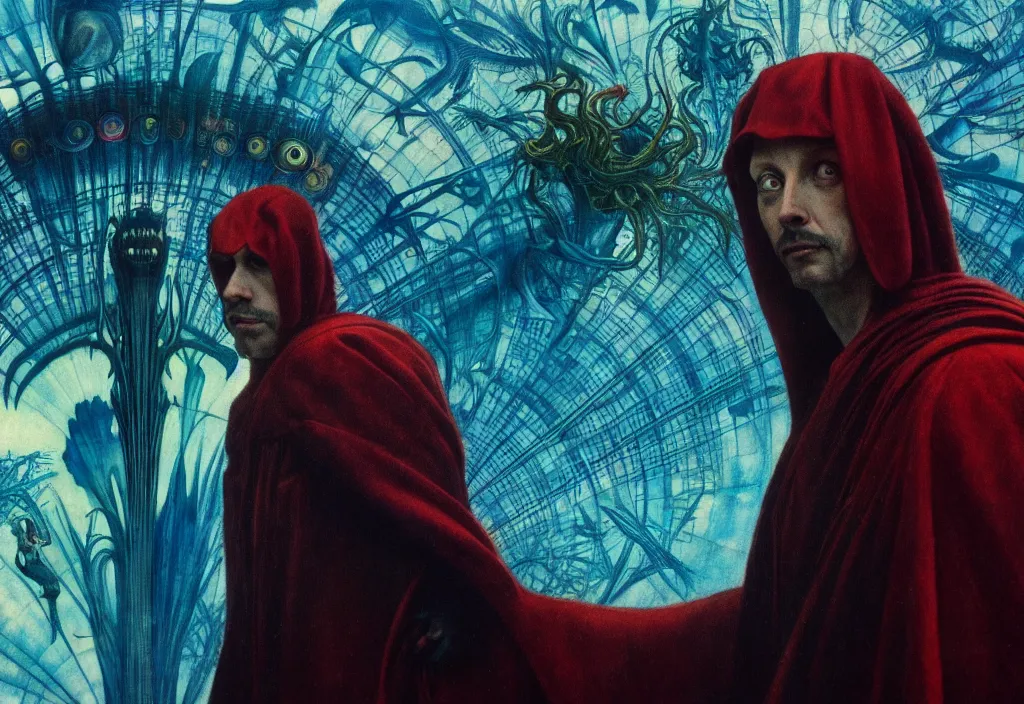 Prompt: realistic detailed portrait movie still of a birdman wearing dark robes, sci fi city landscape background by denis villeneuve, amano, yves tanguy, alphonse mucha, ernst haeckel, max ernst, roger dean, masterpiece, rich moody colours, cinematic, blue eyes, snarling dog teeth