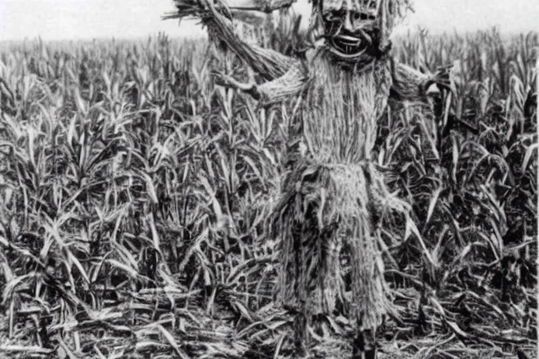 Prompt: disturbing scarecrow from the early 1 9 0 0's burning down the cornfields