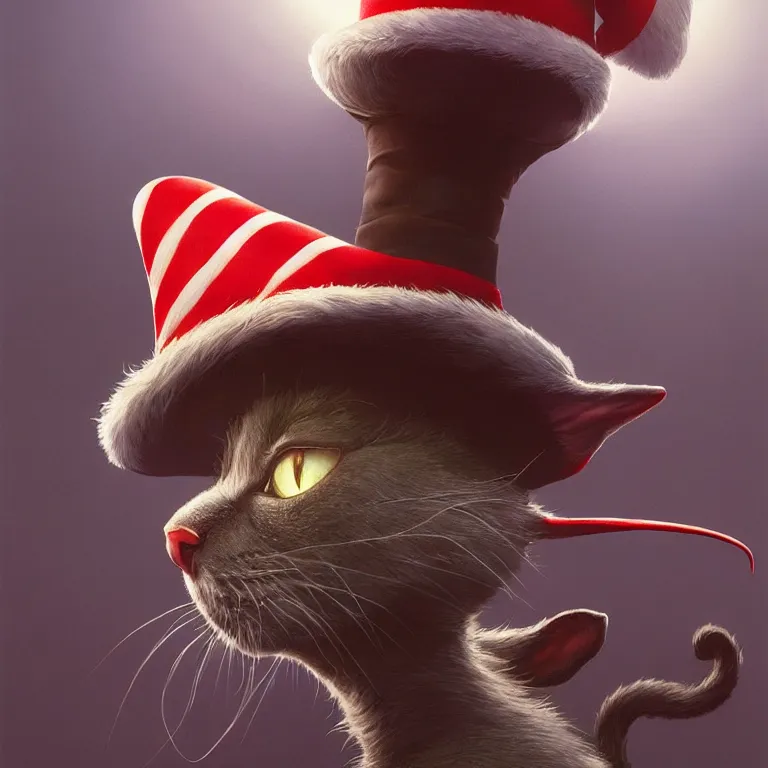 Image similar to complex 3 d render, hyper detailed, ultra sharp, of the cat in the hat, scary, cinematic, natural soft light, rim light, art by greg rutkowski and artgerm and moebius, dr seuss