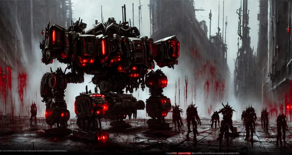 Prompt: bloody - zombie - flesh - battlemech, in a cyberpunk gothic city hyper realistic sci - fi matte concept art painting of dramatic cinematic scene, guns, missiles, explosions, beautiful details, strong composition painted by kim jung guweta studio rutkowski, james gurney and greg rutkowski, and lucasfilm, smooth, intricate, detailed, sharp focus, cinematic